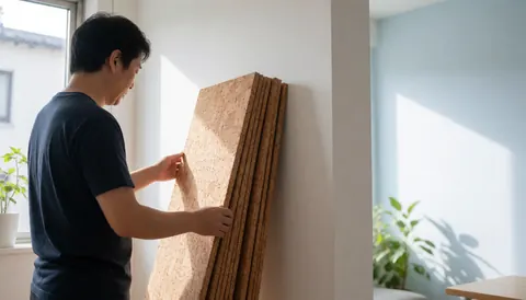 A worker places cork insulation boards against a white wall in a clean, sunlit interior space for thermal insulation.