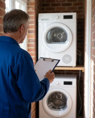 Technician in blue uniform checking a white dryer in a brick hallway with natural light