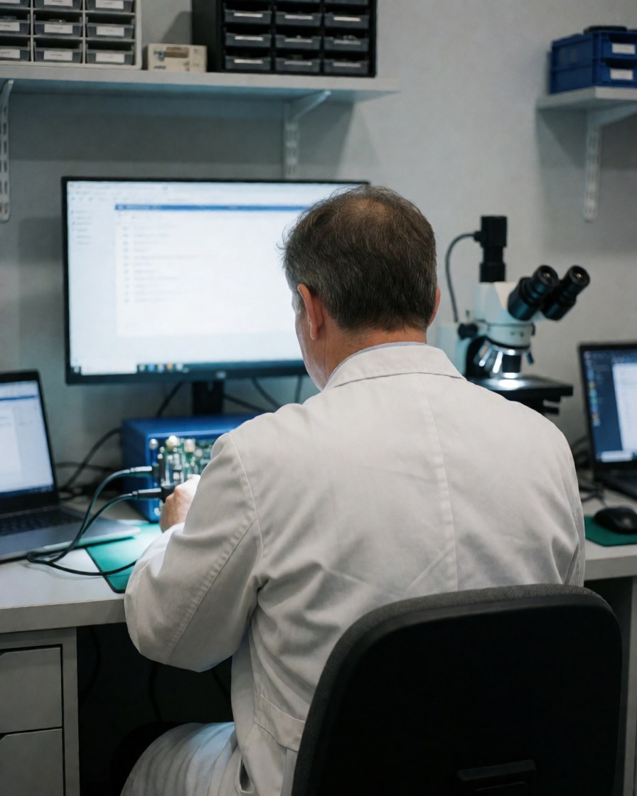 Technician working with microscope and JTAG box in mobile repair lab with monitor and component shelves
