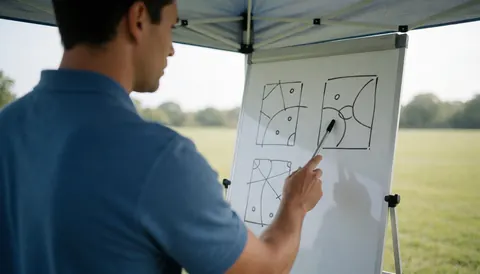 Soccer coach drawing tactical diagrams on a whiteboard during an outdoor training session on a soccer field