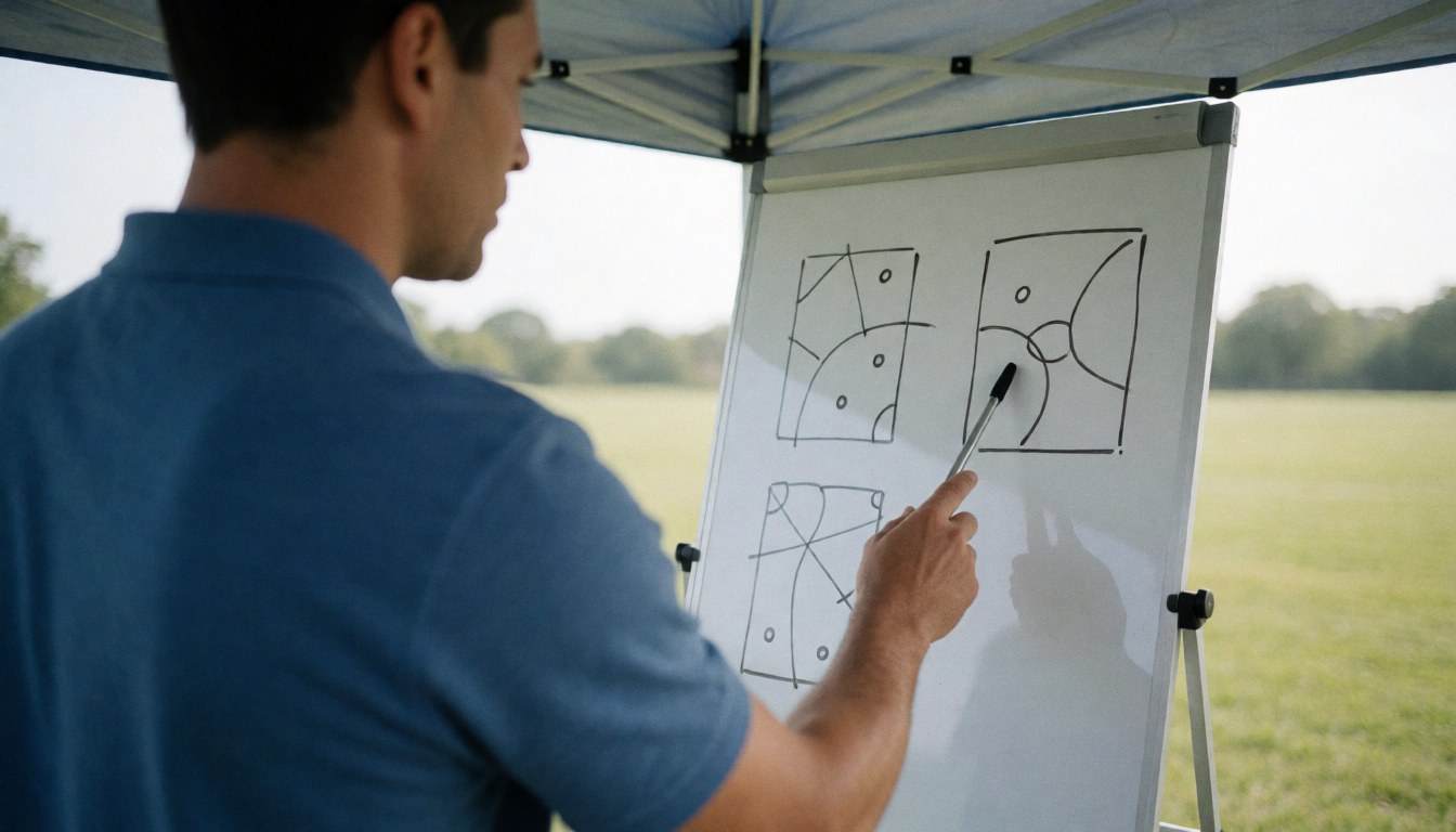 Soccer coach drawing tactical diagrams on a whiteboard during an outdoor training session on a soccer field