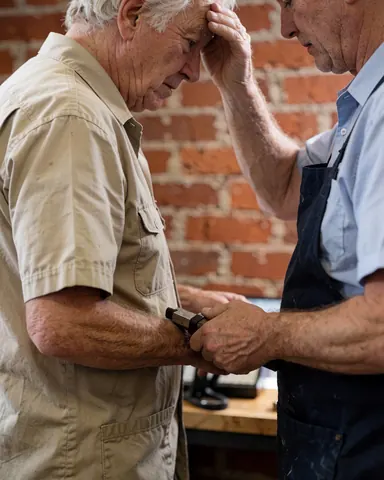 Senior man wearing an apron adjusting a tool in a workshop with a brick wall.