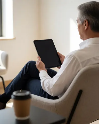 A relaxed adult customer sits in a modern chair holding a tablet, with a coffee cup on a nearby table in a bright, contemporary waiting space.