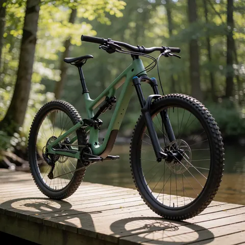 Full suspension green mountain bike parked on a wooden bridge in a sunlit forest, suitable for outdoor bike rental services.
