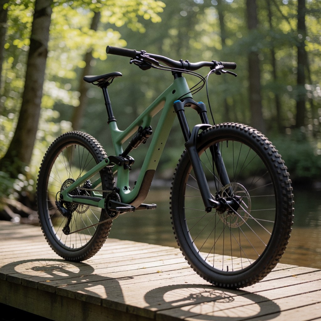Full suspension green mountain bike parked on a wooden bridge in a sunlit forest, suitable for outdoor bike rental services.