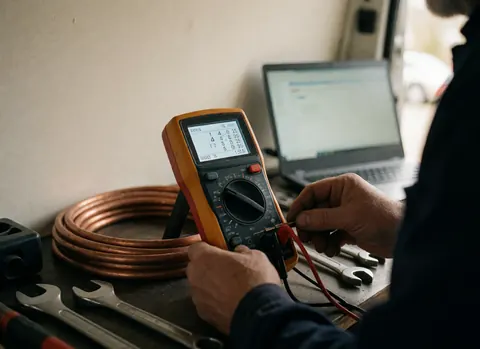 A digital multimeter screen showing diagnostic codes on a workbench with copper pipes and wrenches.