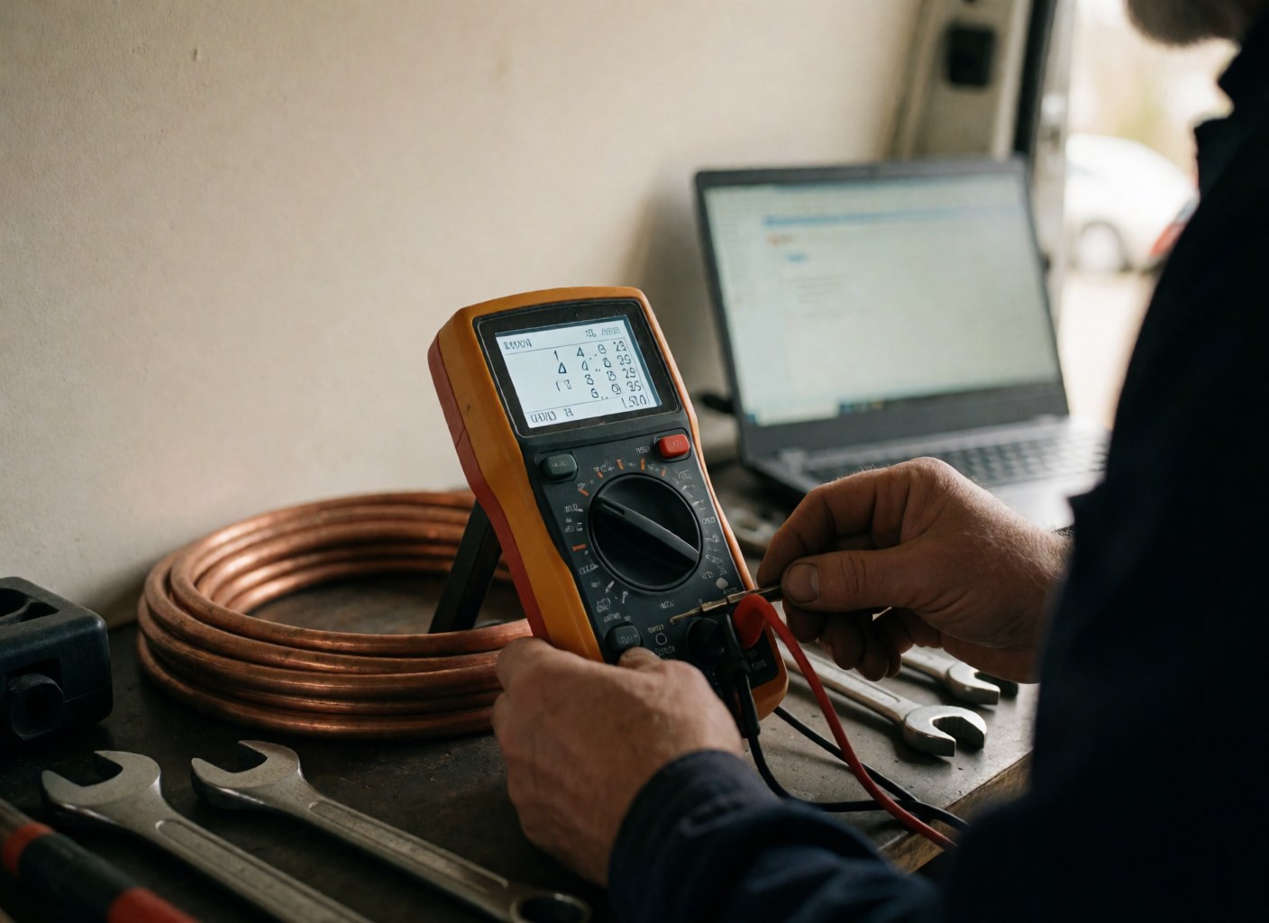 A digital multimeter screen showing diagnostic codes on a workbench with copper pipes and wrenches.