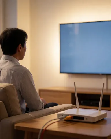 A satisfied customer enjoys watching television in their living room with a connected router, demonstrating a stable and modern home internet connection.