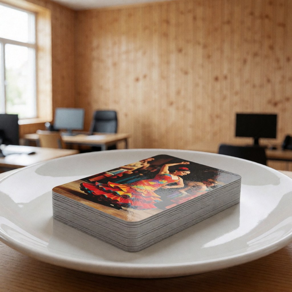 Deck of flamenco dancer flashcards placed on a white board in a classroom with wooden walls and natural light