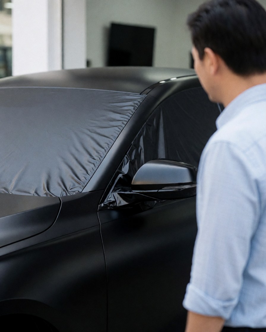 A customer examines the matte black vinyl finish on a freshly completed vehicle at an auto accessories shop.