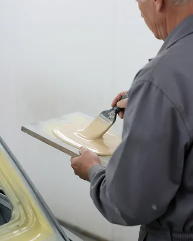 Technician mixing body filler on a panel with a brush in a white-walled paint shop
