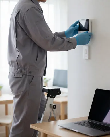 Technician in gray uniform and blue gloves mounts a smart thermostat on a white wall near a laptop during boiler repair service.
