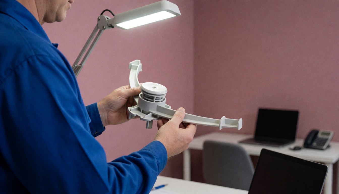 Appliance repair technician inspecting a white washing machine arm under work light in a clean workshop
