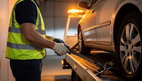 Tow truck operator adjusting safety chain on flatbed truck at night with amber lights on