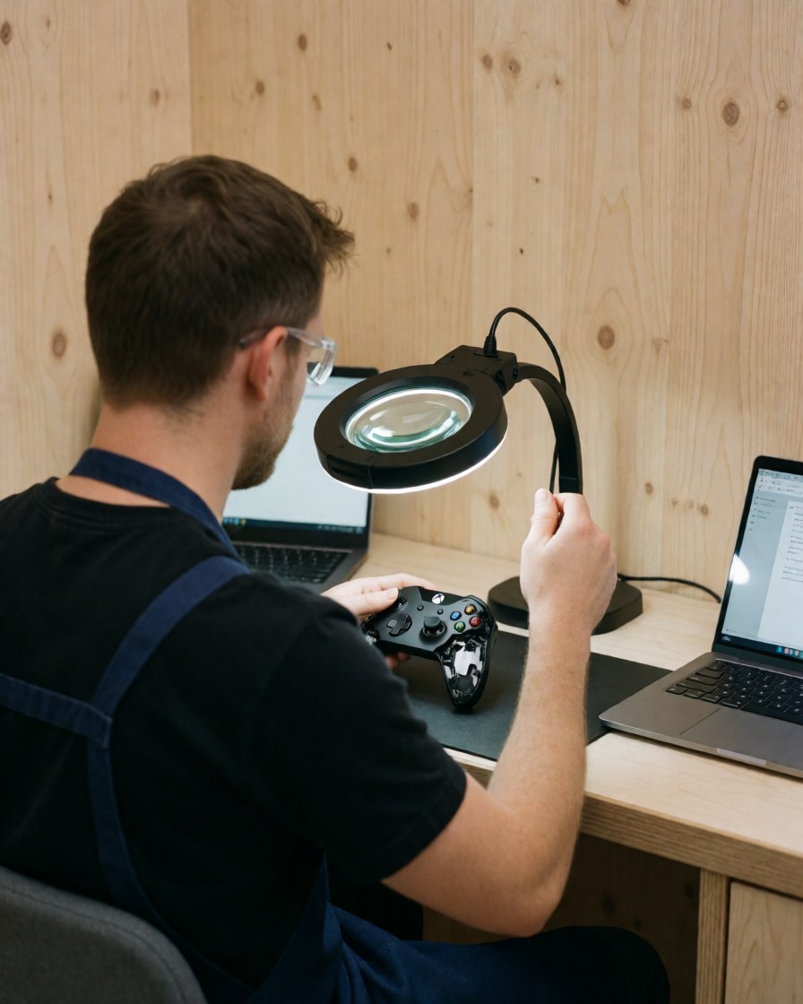 Close-up of a technician using a magnifying glass to repair a video game controller in a workshop with light wood surfaces.