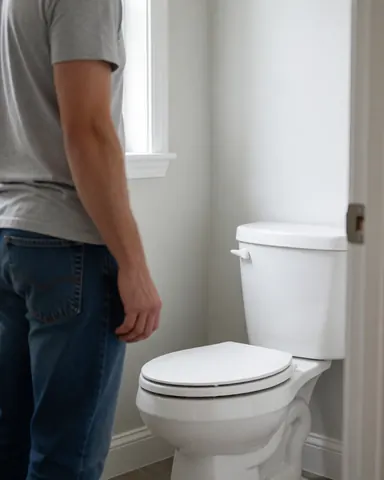 A customer standing and looking at a clean white toilet in a bathroom with light gray walls and natural light.