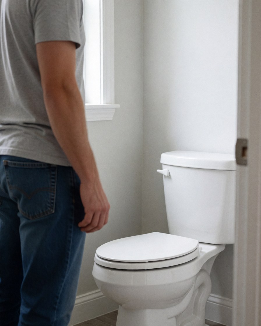 A customer standing and looking at a clean white toilet in a bathroom with light gray walls and natural light.
