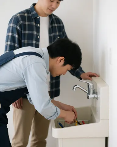 Professional plumber adjusting a faucet in a modern bathroom with a client standing behind