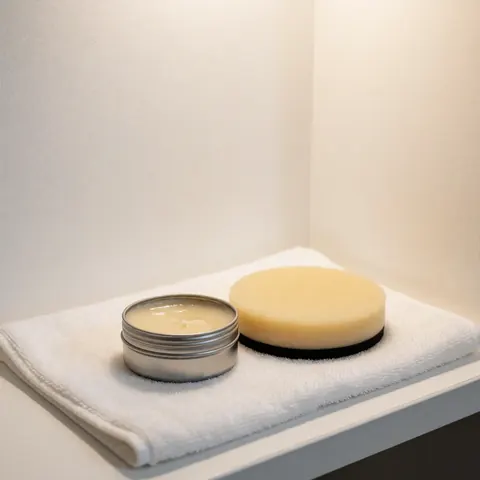 Car wax in a tin container with an applicator pad resting on a white towel, ready for professional car wash service.