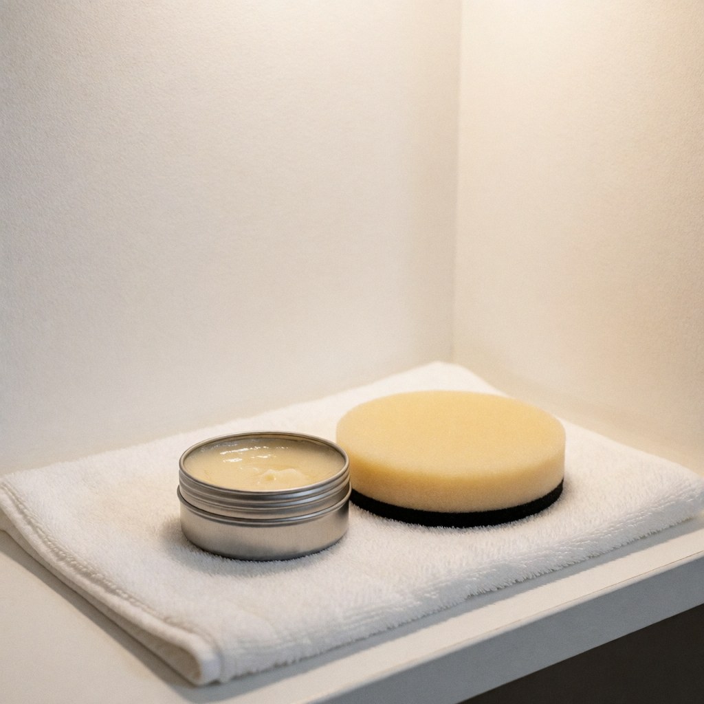 Car wax in a tin container with an applicator pad resting on a white towel, ready for professional car wash service.