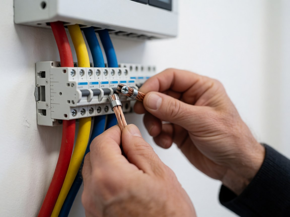 Close-up of electrician hands connecting red, yellow, and blue wires to a white terminal inside an electrical panel against a white wall