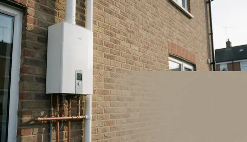 Wall-mounted water heater with copper pipes and vertical vent installed on a brick wall for heating repair business