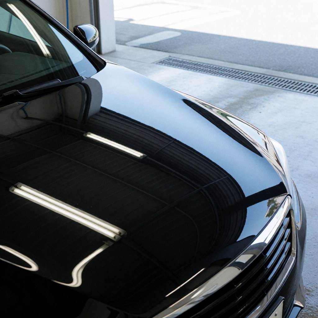 Polished black car hood reflecting fluorescent lights above a concrete floor with a drainage grate in a car wash area