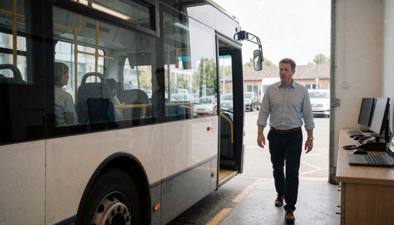 A man walks alongside a white bus parked at an office location with computers visible in the background.