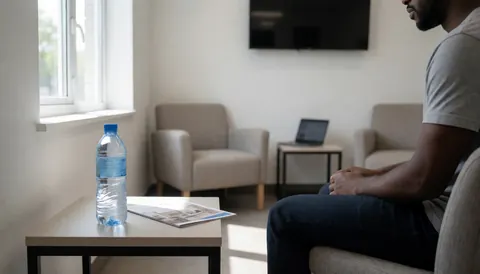 A customer sits comfortably in a waiting area with a table, water, brochure, TV, and natural light.