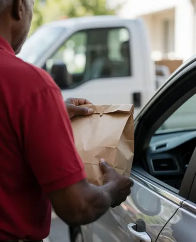 A vendor hands a food bag to a customer inside their car with a truck visible in the background during the day.