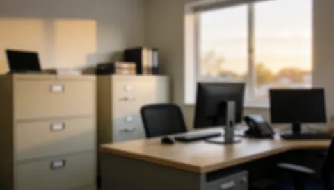 Sales office with desks, monitors, and filing cabinets, illuminated by warm window light, ideal for commercial text.