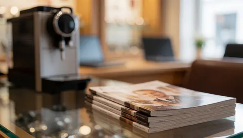 Warm cafe background featuring a coffee machine and a stack of magazines on a glass table, ideal for text overlay.