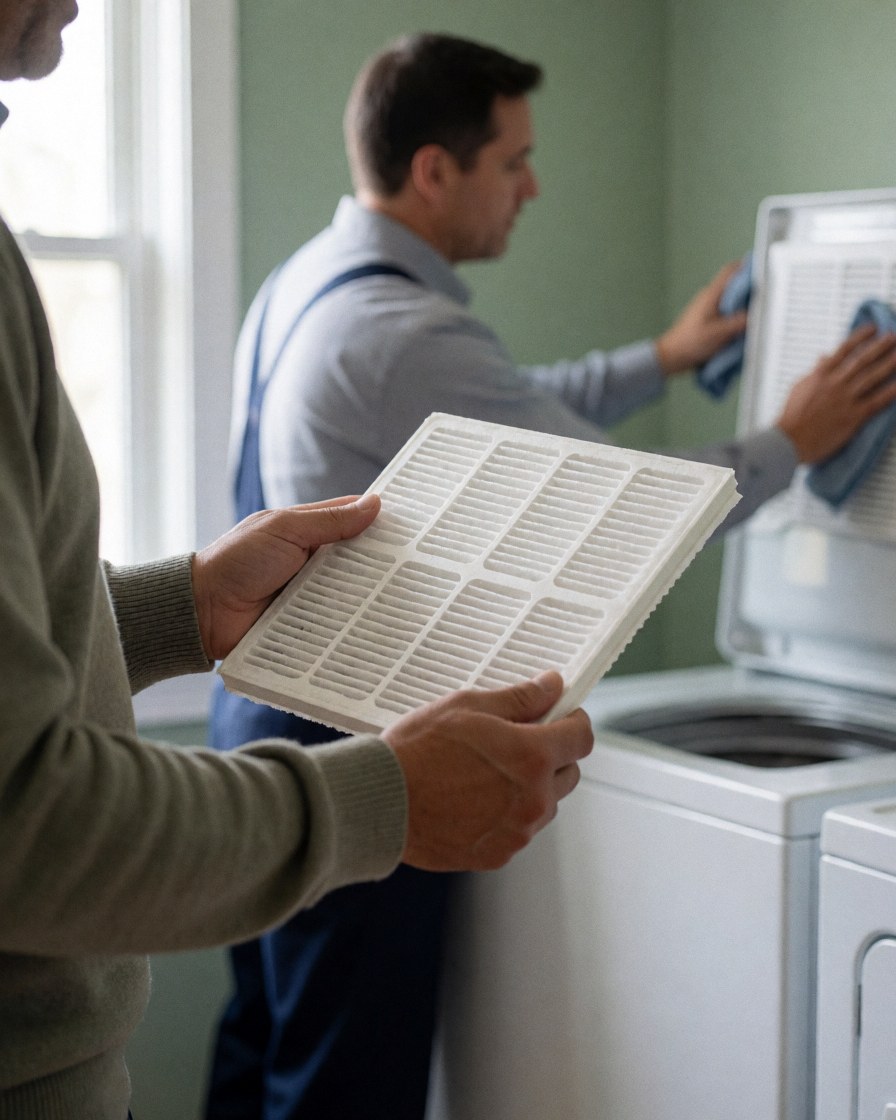 A satisfied customer holds a clean dryer filter while a technician works in the background at a well-lit repair shop.