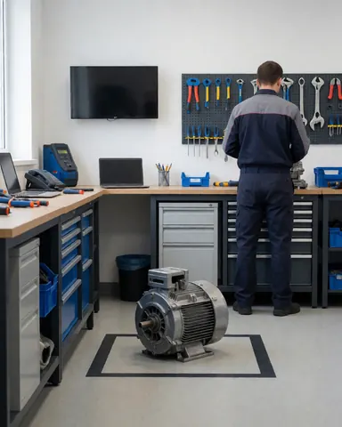 A clean and organized appliance repair workshop featuring a washing machine motor on the floor and tools mounted on the wall.