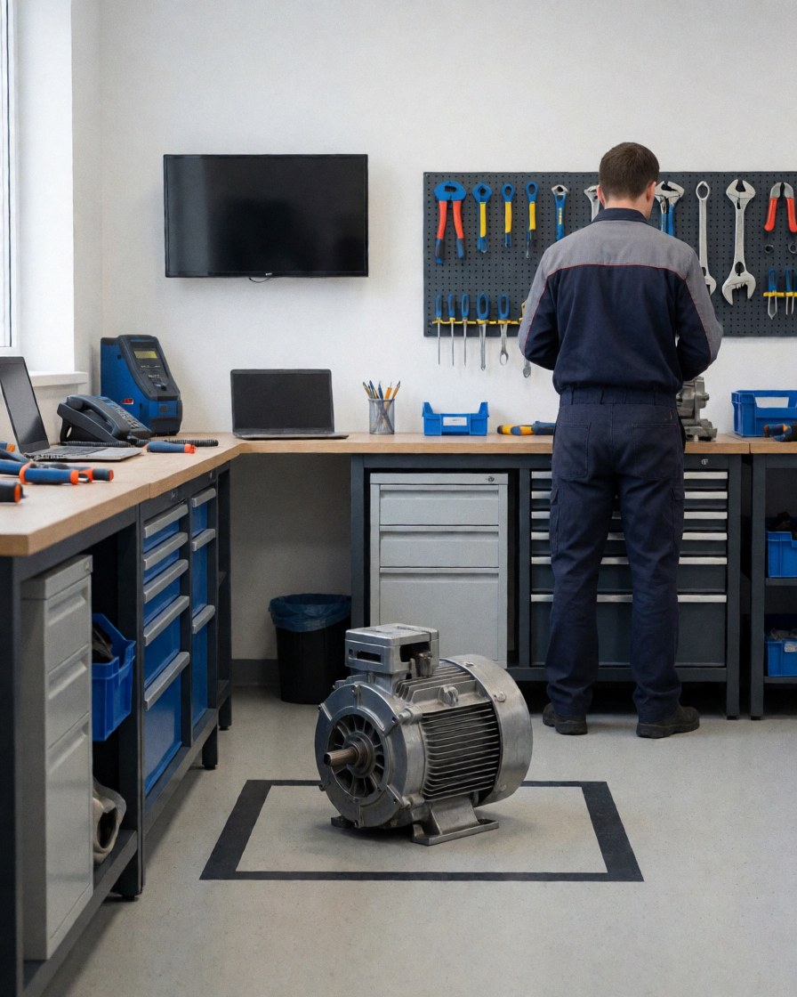 A clean and organized appliance repair workshop featuring a washing machine motor on the floor and tools mounted on the wall.