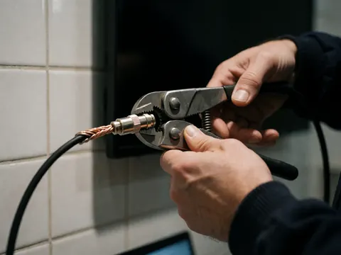 Close-up of hands using pliers to attach a coaxial cable connector against a white tiled wall during antenna installation