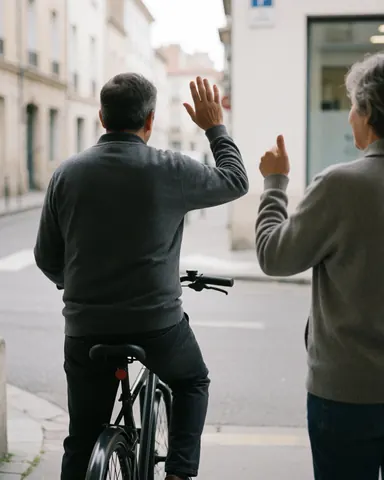 A bicycle taxi driver waves to a customer who gives a thumbs up on a quiet street.