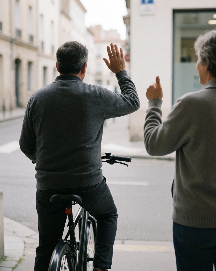 A bicycle taxi driver waves to a customer who gives a thumbs up on a quiet street.