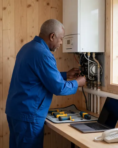 Technician in blue uniform adjusting pipes on white boiler, tools on cloth, light wood walls, laptop and white phone.