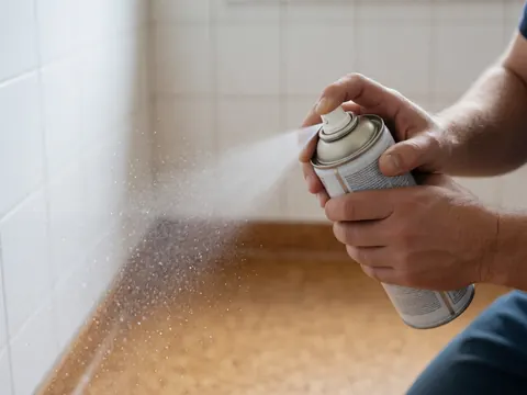 Close-up of a hand spraying sealant onto a cork floor with white tiled walls in the background during installation