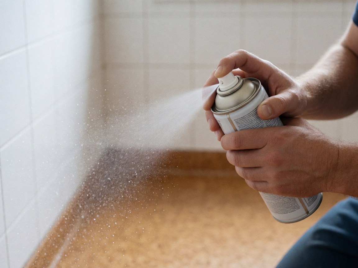 Close-up of a hand spraying sealant onto a cork floor with white tiled walls in the background during installation