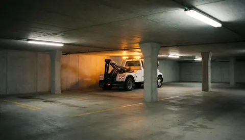 White tow truck with amber lights off in concrete underground parking with columns and fluorescent lighting