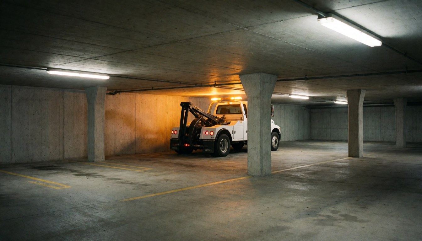 White tow truck with amber lights off in concrete underground parking with columns and fluorescent lighting