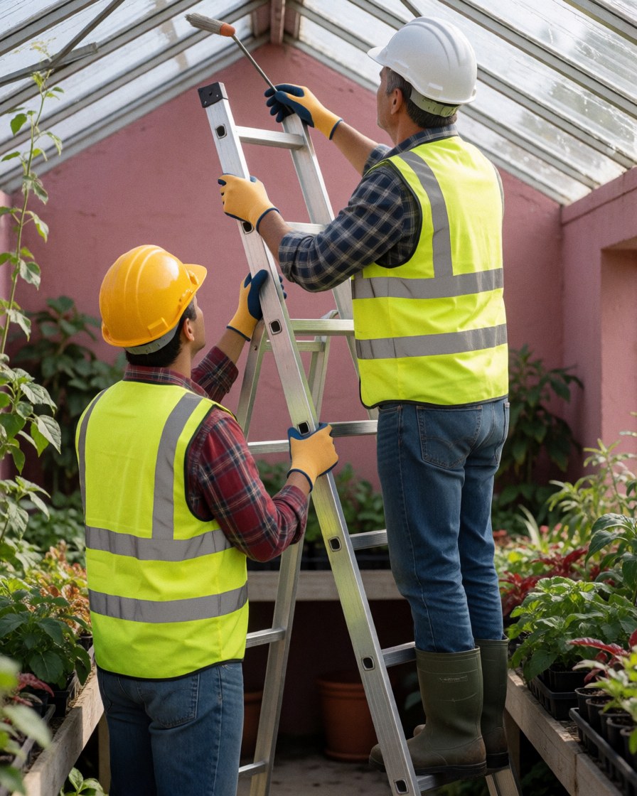 Two workers in safety gear cleaning a greenhouse roof with a broom, surrounded by green plants.