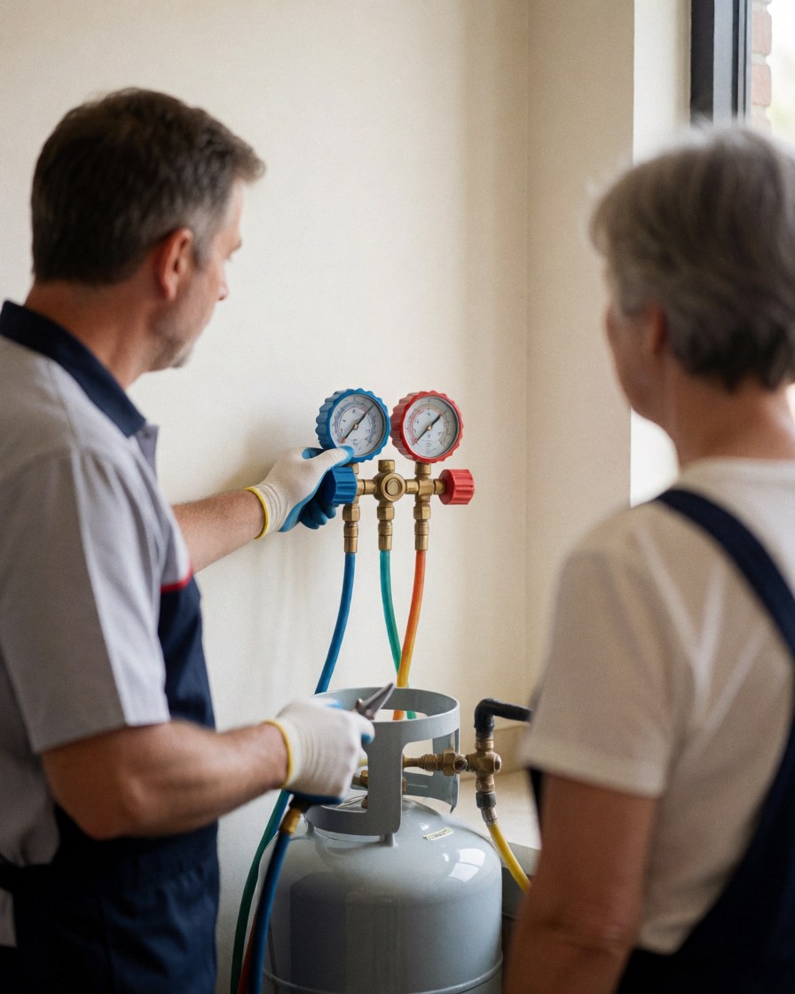 Technician wearing gloves charges refrigerant into a tank while a client observes the refrigerator repair service in a bright interior.