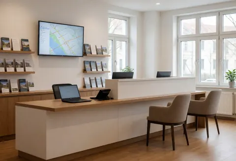 Reception area featuring a large cycling map on screen, client seating, brochure shelves, and natural light from windows