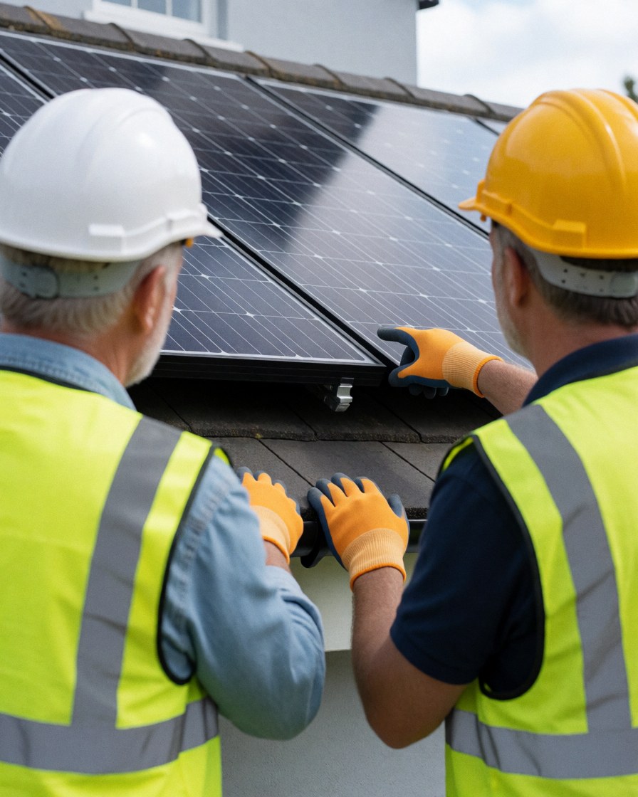 Two technicians wearing helmets and vests install solar panels on a residential roof, demonstrating the completed work.