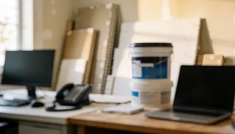 Office background featuring stacked drywall sheets and containers of putty, suitable for wall repair text overlays