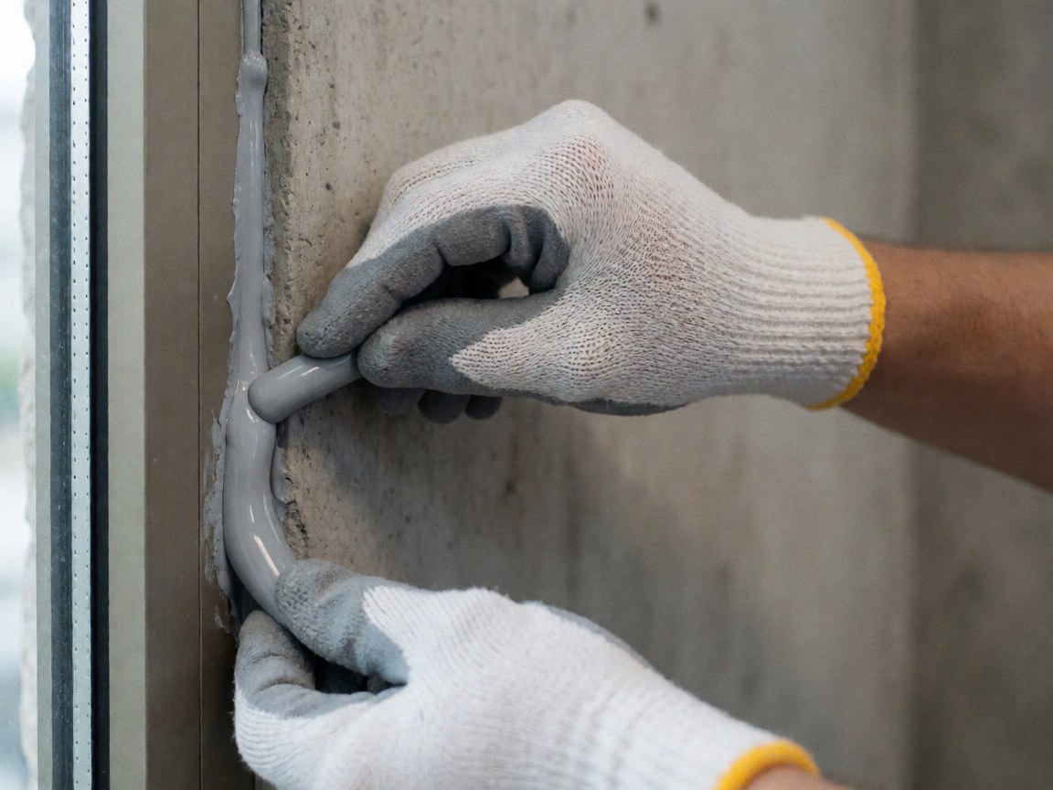 Close-up of a gloved hand applying gray sealant to the joint between a window frame and a concrete wall