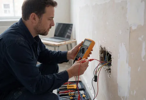 Electrician testing a circuit with a multimeter inside a wall cavity, with visible tools and electrical wires during a residential service job.